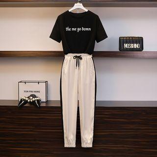 Set: Lettering Short-sleeve T-shirt + Striped Drawstring Cropped Harem Pants