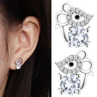 Rhinestone Mouse Earring 1 Pair - With Earring Backs - Stud Earring - Silver - One Size