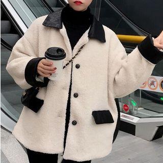 Color Panel Fleece Buttoned Jacket As Shown In Figure - One Size