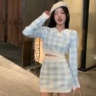 Collared Gingham Crop Knit Top / Mini Pencil Skirt