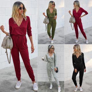 Long Sleeve V Neck Drawstring Jumpsuit
