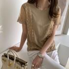 Short-sleeve Lace-trim Top Beige - One Size