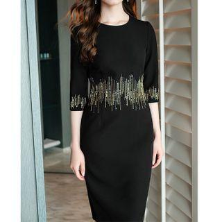 3/4-sleeve Embellished Sheath Dress
