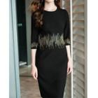 3/4-sleeve Embellished Sheath Dress