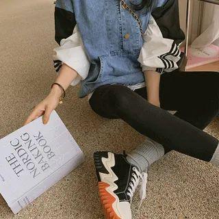 Color-block Sleeve Denim Hoodie Blue - One Size