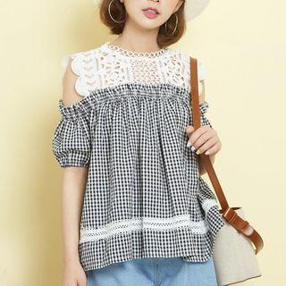 Cold Shoulder Lace Panel Plaid Top