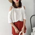 Plain Elbow-sleeve Cold-shoulder Top