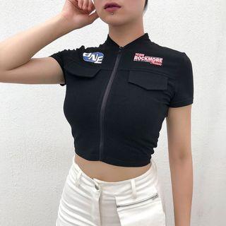 Lettering Short-sleeve Zip-front T-shirt