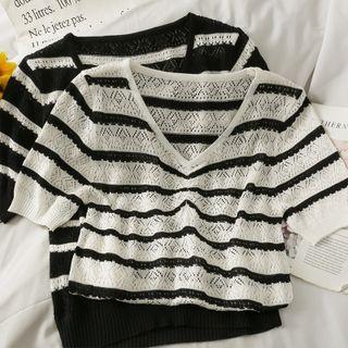 Eyelet Striped V-neck Crop Knit Top