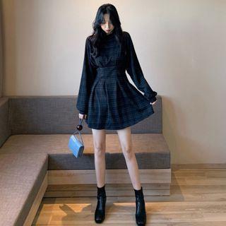 Mock-neck Plaid Long-sleeve Dress