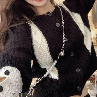 Puff-sleeve Two-tone Cardigan Black & White - One Size