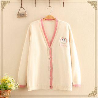 Contrast-trim Cat Jacquard Knit Cardigan