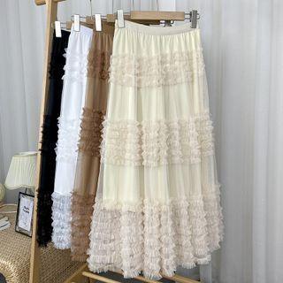 Mesh Ruffle Panel Midi A-line Skirt