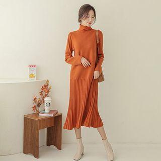 Turtle-neck Long Rib-knit Dress