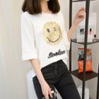 Sequined Smiley Striped Elbow-sleeve T-shirt