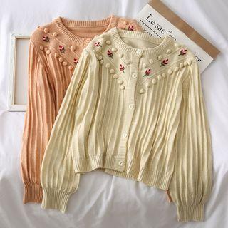 Pompom-accent Button-down Knit Top