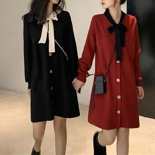 Long-sleeve Ribbon-accent Shirt Dress