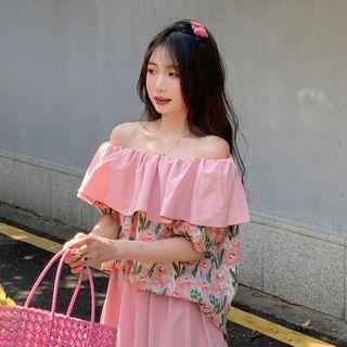 Off-shoulder Floral Print Blouse / Midi A-line Skirt