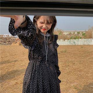 Dotted Ruffled Long-sleeve Hooded Dress