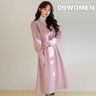 Balloon-sleeve Pleated-waist Long Dress