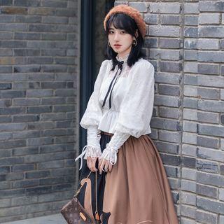 Puff-sleeve Lace Panel Ruffle Hem Blouse