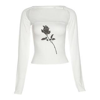 Rose Pattern Long-sleeve Crop Top