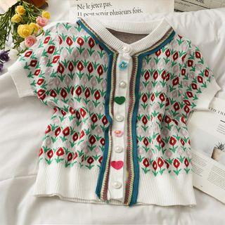 Patchwork Button-up Crop Knit Top White - One Size