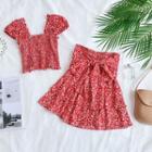 Set: Floral Print Crop Top + Tie-waist A-line Skirt