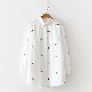 Dog Embroidered Shirt Dress White - One Size