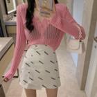 Plain Cardigan / Lettering Mini Pencil Skirt