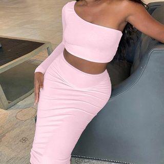 Set: Long-sleeve One-shoulder Top + Midi Pencil Skirt