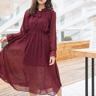 Long-sleeve Frill-trim Dotted Midi A-line Dress