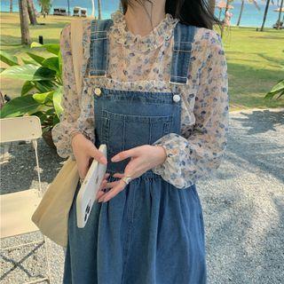 Long-sleeve Ruffle Trim Floral Blouse / Denim Midi A-line Overall Dress