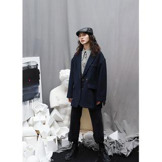 Plain Single-breasted Jacket Navy Blue - One Size