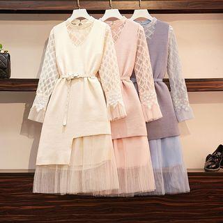 Set: Long-sleeve Midi Mesh Dress + Belted Asymmetric Knit Vest