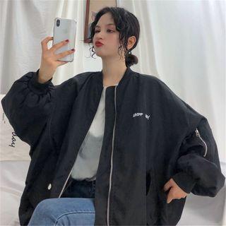 Letter Embroidered Zip Jacket Black - One Size