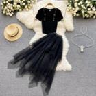 Set: Short-sleeve Top + Mesh Midi A-line Skirt Black - One Size