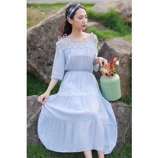 3/4-sleeve Cold Shoulder A-line Midi Dress