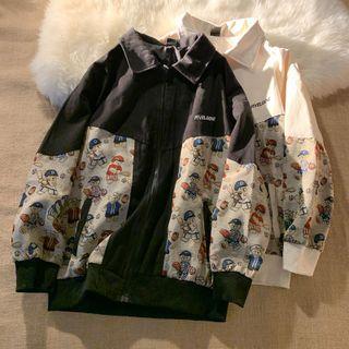 Collared Bear Print Panel Zip-up Jacket
