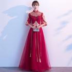 Elbow-sleeve Floral Embroidered Qipao Wedding Dress