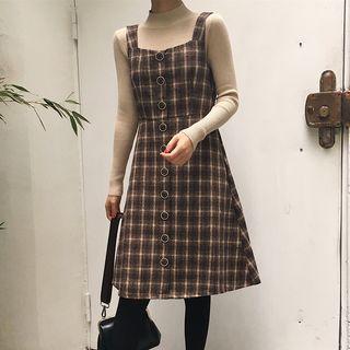 Sleeveless Single-breasted Gingham Woolen Dress