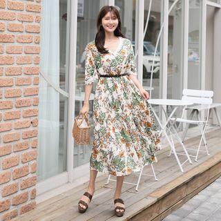 V-neck Lace-trim Floral Dress