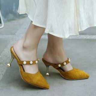 Faux Pearl Faux Leather Pointed Kitten Heel Mules