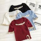 Color-block Square-neck Lace Panel Short-sleeve Knit Top