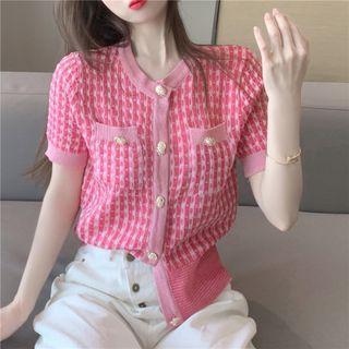 Short-sleeve Houndstooth Cardigan Rose Pink - One Size