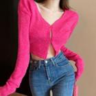 Long-sleeve Cropped Button-up Knit Top Rose Pink - One Size
