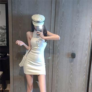 Polo-neck Sleeveless Mini Sheath Knit Dress