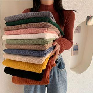 High-neck Ribbed Long-sleeve Knit Top