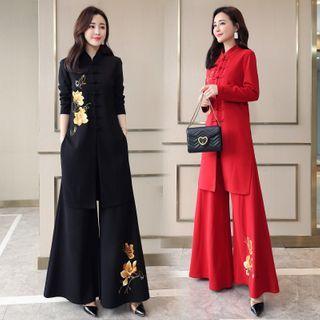 Set: Floral Embroidered Frog-button Top + Wide-leg Pants