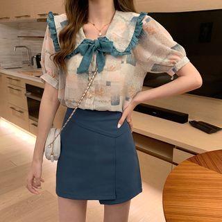 Print Short-sleeve Blouse / A-line Skirt